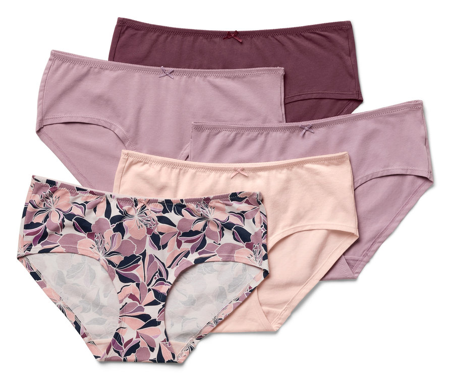 Six culottes de différentes couleurs et motifs. Une avec un motif floral, une abricot, trois violettes et une violet foncé.