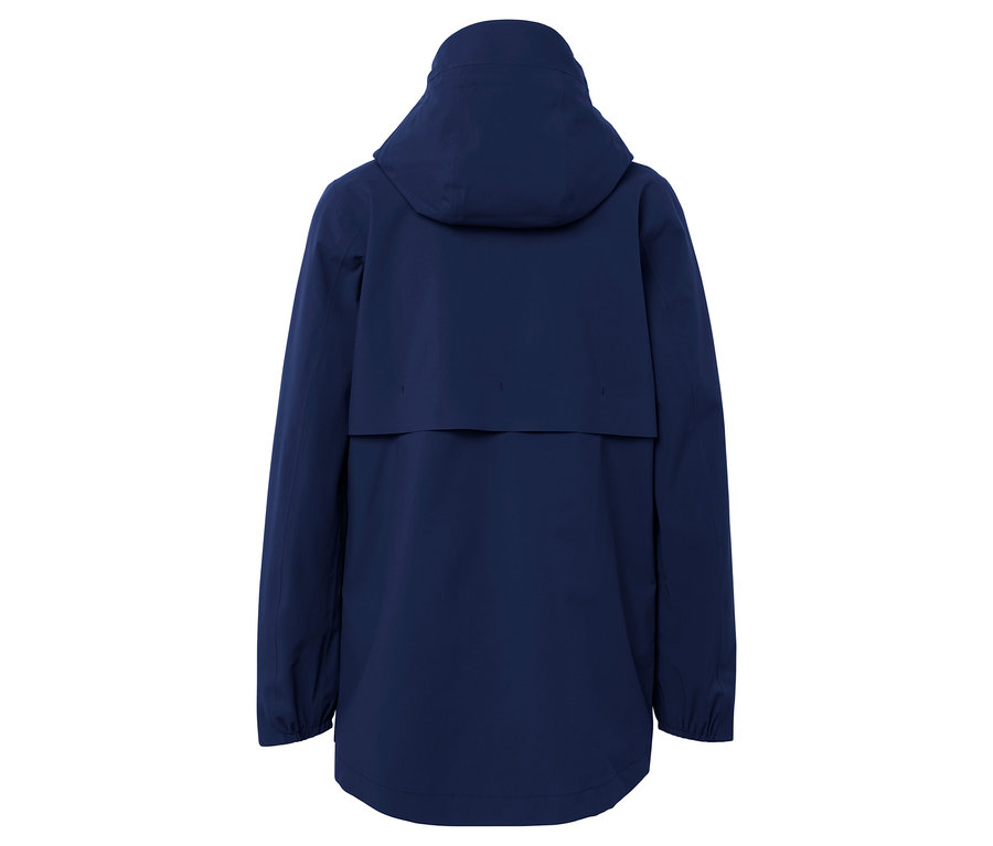 Vue arrière d'une veste bleu marine à capuche.