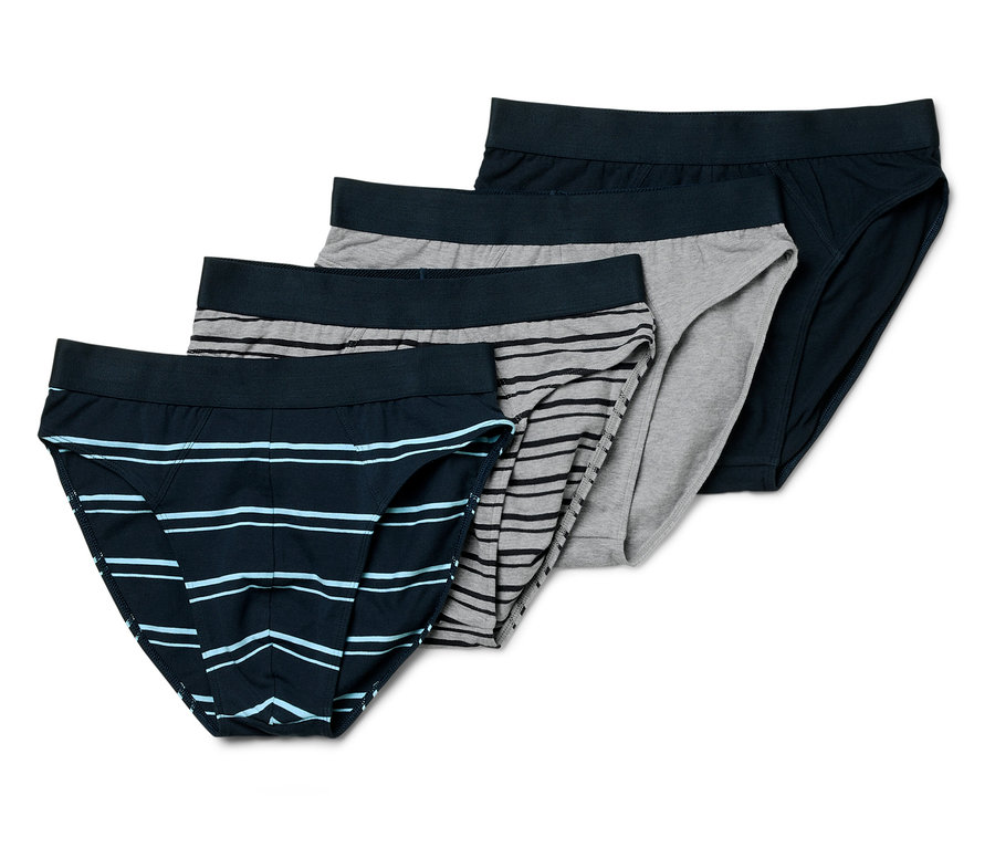 Quatre slips pour hommes : un bleu foncé, un gris et deux rayés.