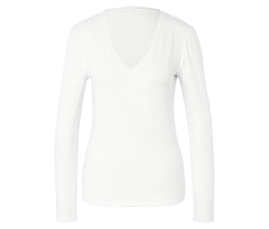 T-shirt blanc à manches longues et col en V.