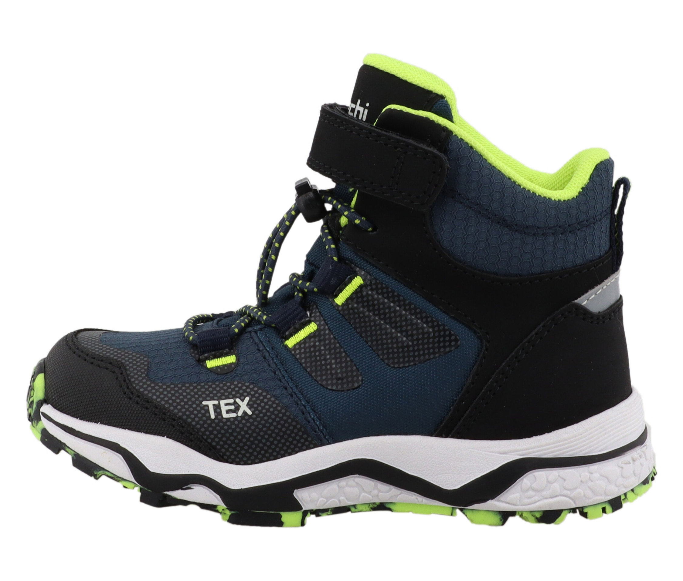 Chaussure d'extérieur pour enfant LURCHI « Leonard-TEX » bleue avec des détails noirs et vert néon.