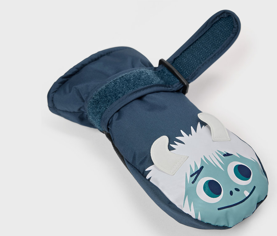 Moufles bleues pour enfants avec un motif de bonhomme de neige.