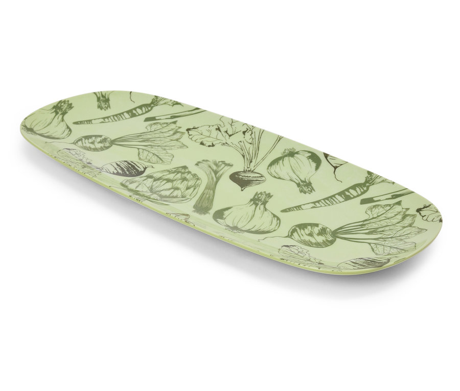 Plateau vert avec des dessins de légumes.