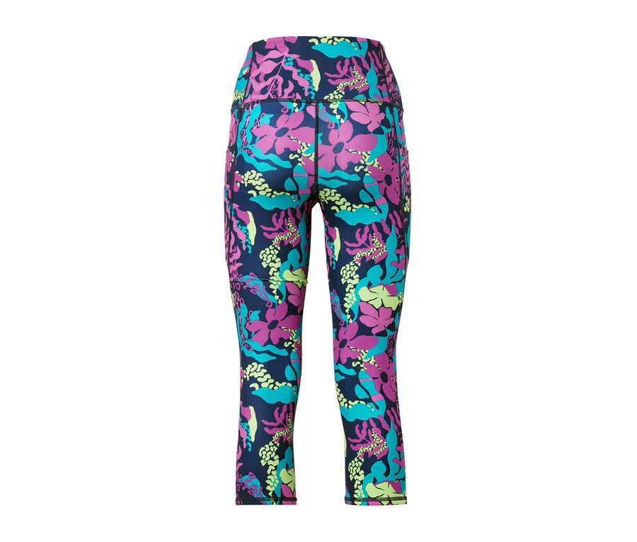 Vue détaillée de l'arrière d'un collant de sport 3/4 avec imprimé intégral de fleurs et de feuilles dans les tons violet, bleu et vert.