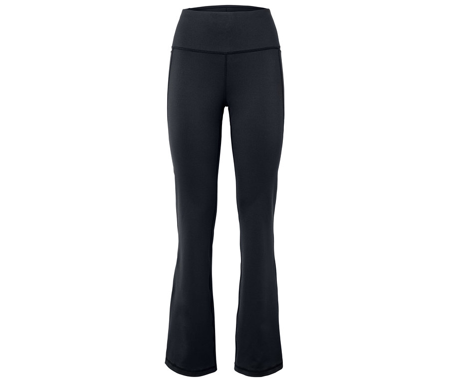 Pantalon de yoga noir à taille haute sur fond blanc.