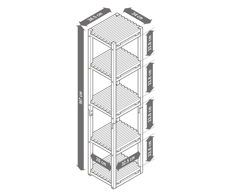 Illustration d'une étagère peu profonde avec cinq tablettes et des dimensions.