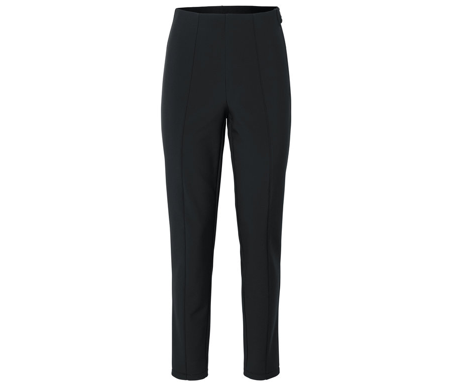 Pantalon noir taille haute avec jambe étroite.