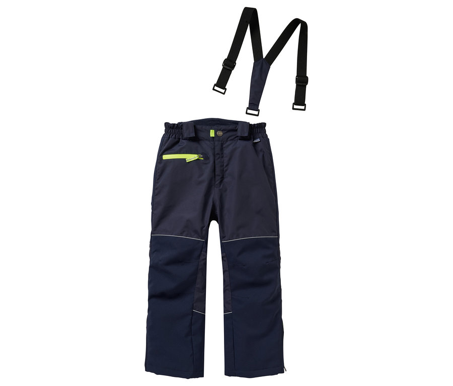 Le pantalon robuste pour enfants JAKO-O, doublé et de couleur bleu foncé, est posé sur un fond blanc avec des bretelles noires.