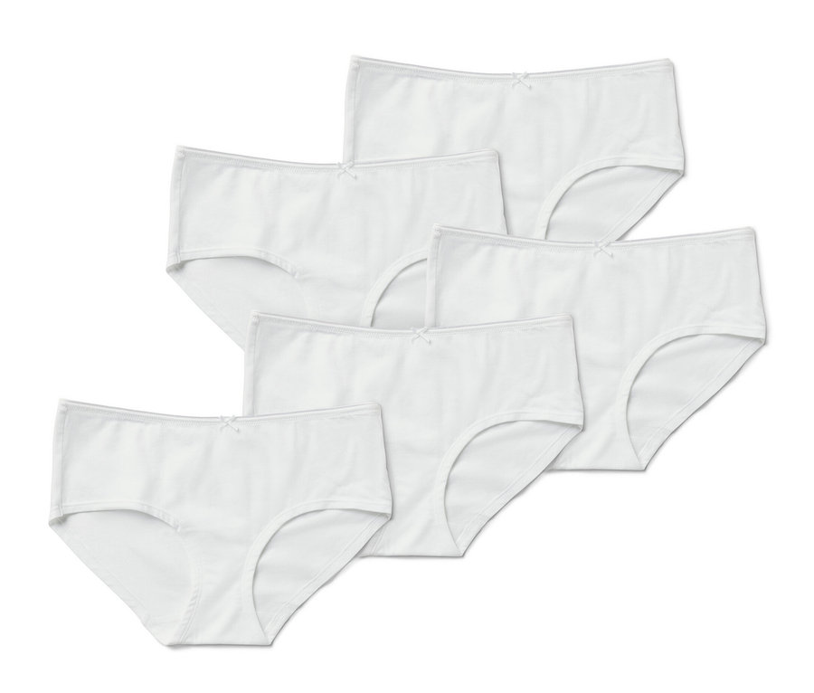 Six culottes blanches, paquet de 5, disposées sur un fond blanc.