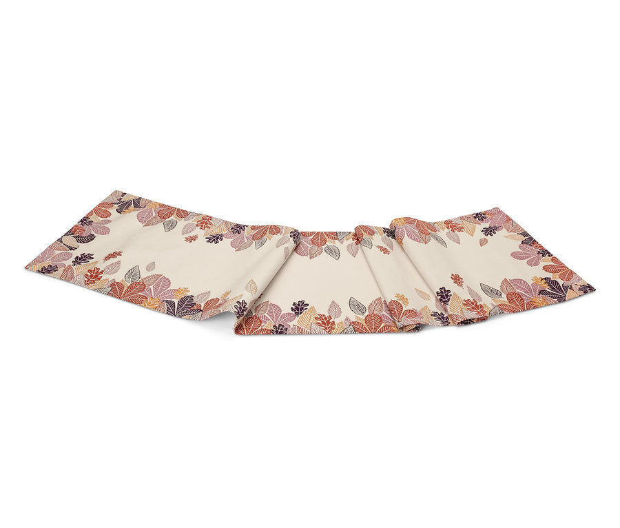 Chemin de table beige avec des bords décorés de feuilles violettes et oranges.