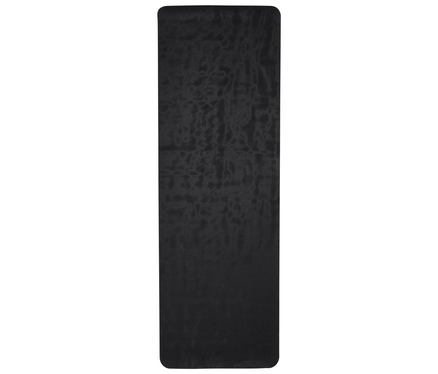 Un tapis de yoga noir sur fond blanc.