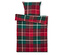 Couette et oreiller à carreaux rouges, verts et blancs.