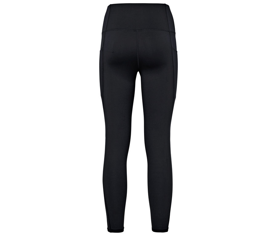 Vue arrière d'un legging noir taille haute avec des poches latérales.