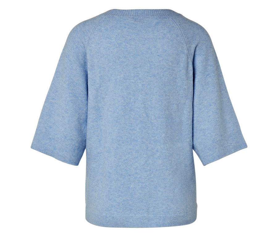Vue arrière d'un pull bleu clair à manches courtes.