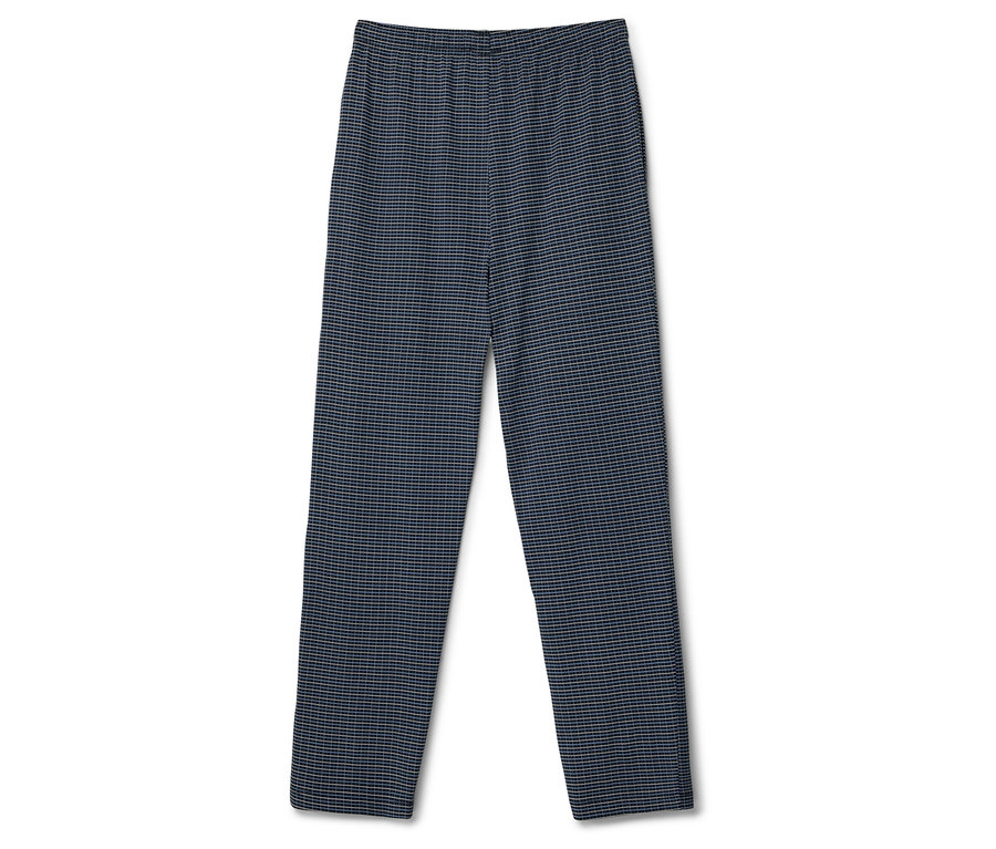 Un pantalon à carreaux bleus sur fond blanc.