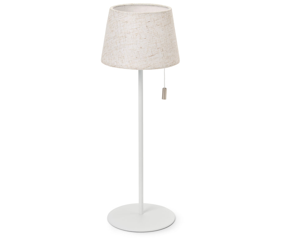 Lampadaire blanc avec abat-jour en tissu beige.