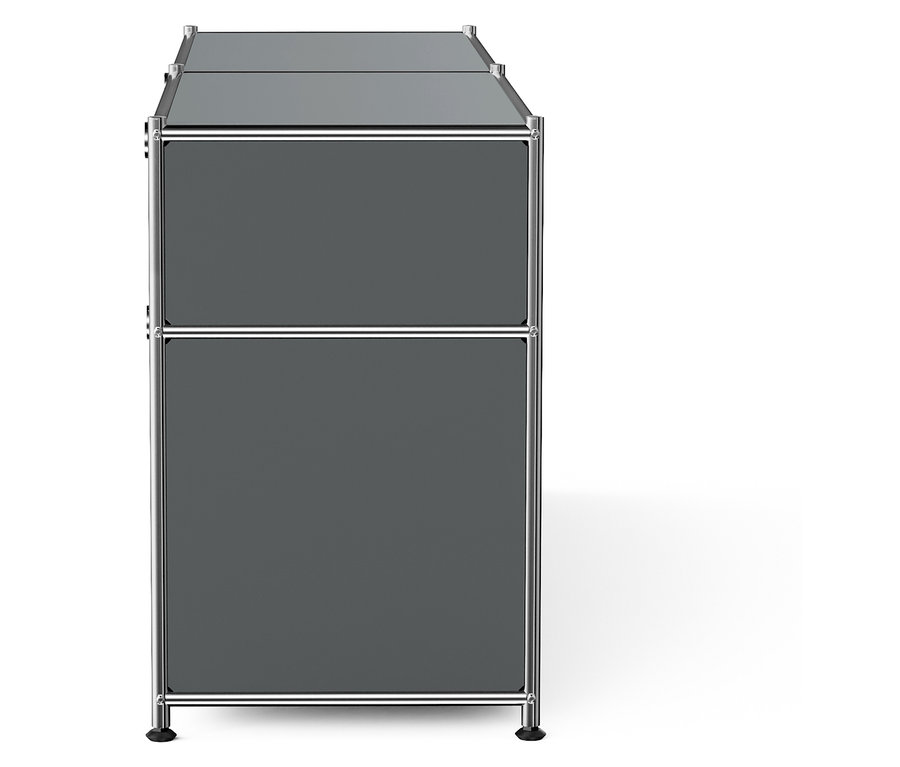 Armoire grise avec deux tiroirs et un cadre chromé.
