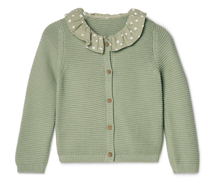 Cardigan en tricot vert clair avec col à volants et fermeture boutonnée.
