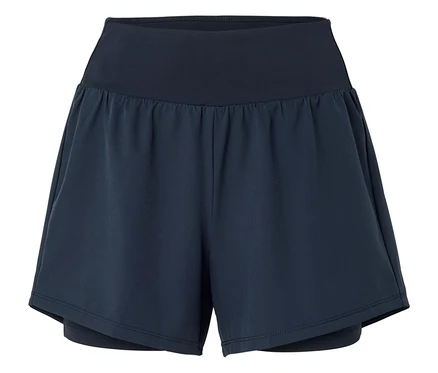 Un short court bleu foncé avec une large ceinture élastique.