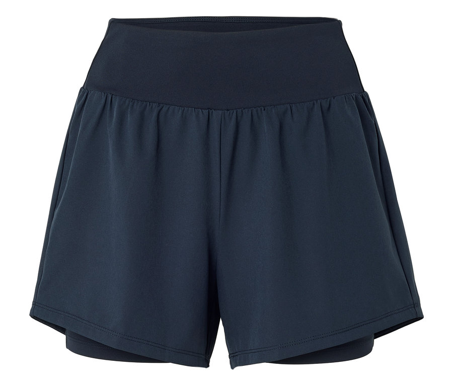 Un short court bleu foncé avec une large ceinture élastique.