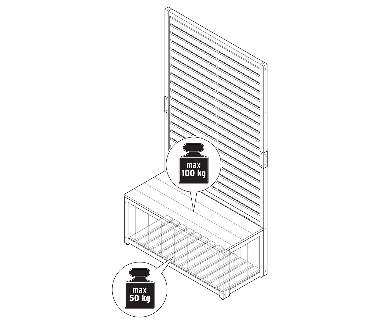 Vue de dessus d'un module de protection visuelle 2 en 1 avec banc de rangement avec une capacité de charge maximale de 100 kg sur le siège et de 50 kg dans l'espace de rangement.