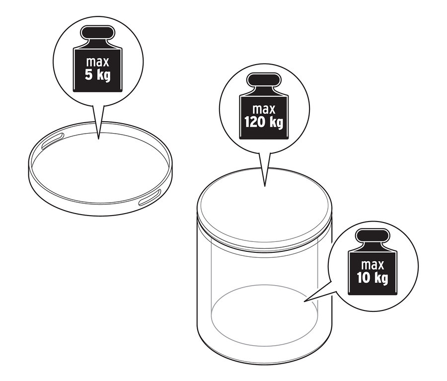 Illustration d’une table d’appoint avec plateau et fonction d’assise, avec des informations sur le poids.