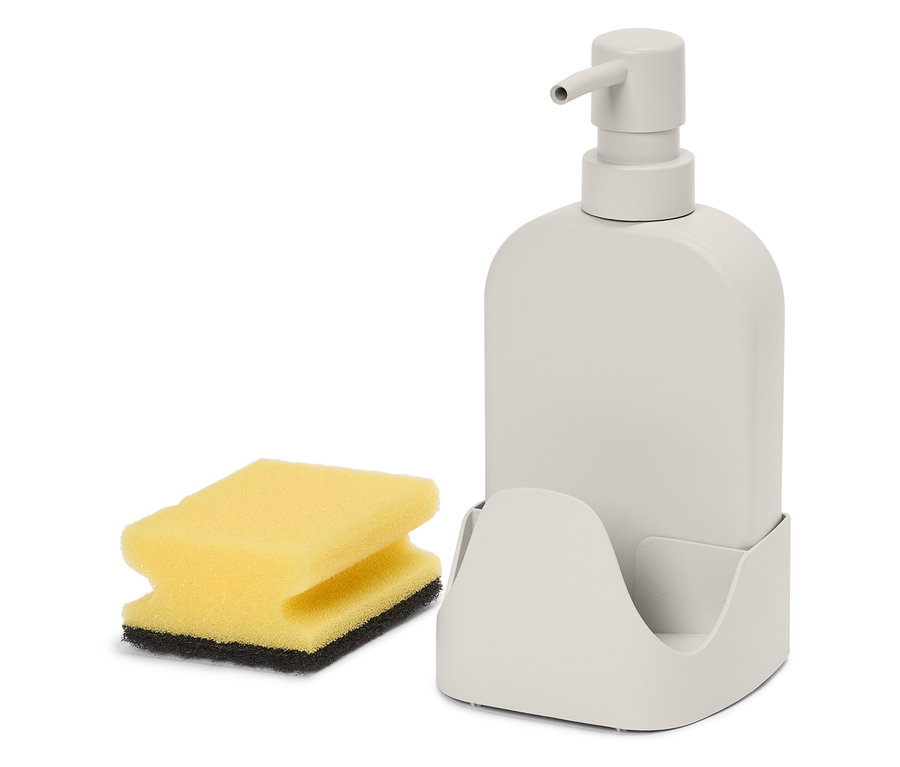 Un distributeur de savon gris avec une éponge jaune et noire.