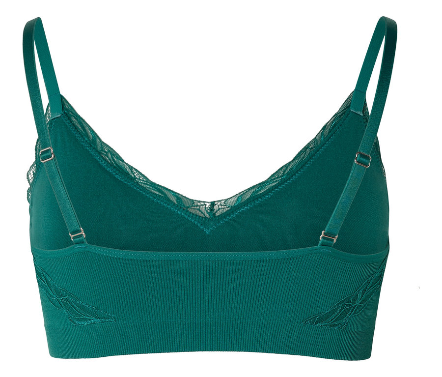 Vue arrière d'un soutien-gorge vert émeraude à fines bretelles et finitions en dentelle.