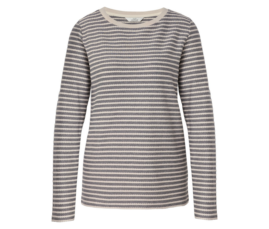 T-shirt d'extérieur à manches longues rayé gris et beige avec un col rond.