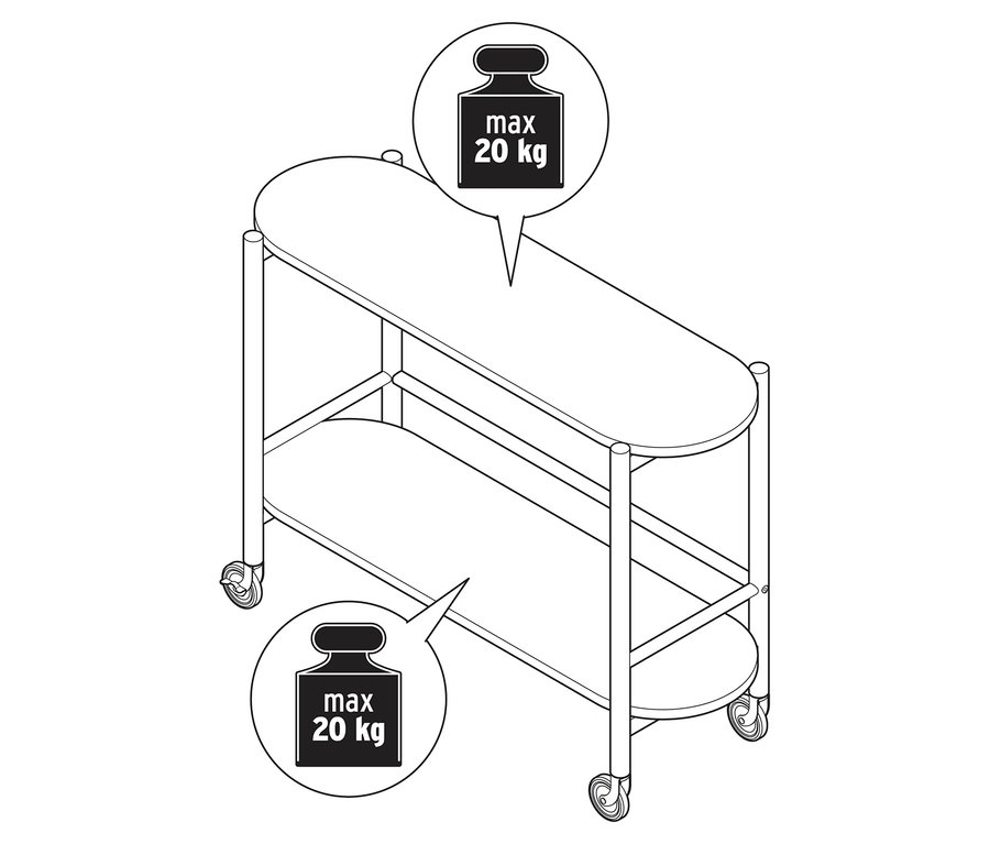 Un dessin au trait en noir et blanc d'un chariot de service à deux étagères et roulettes, avec des annotations sur le poids maximum.