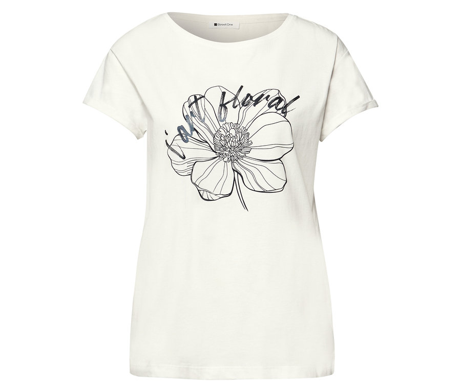 Le t-shirt Street One blanc présente une grande fleur stylisée avec l'inscription « light floral » sur le devant.