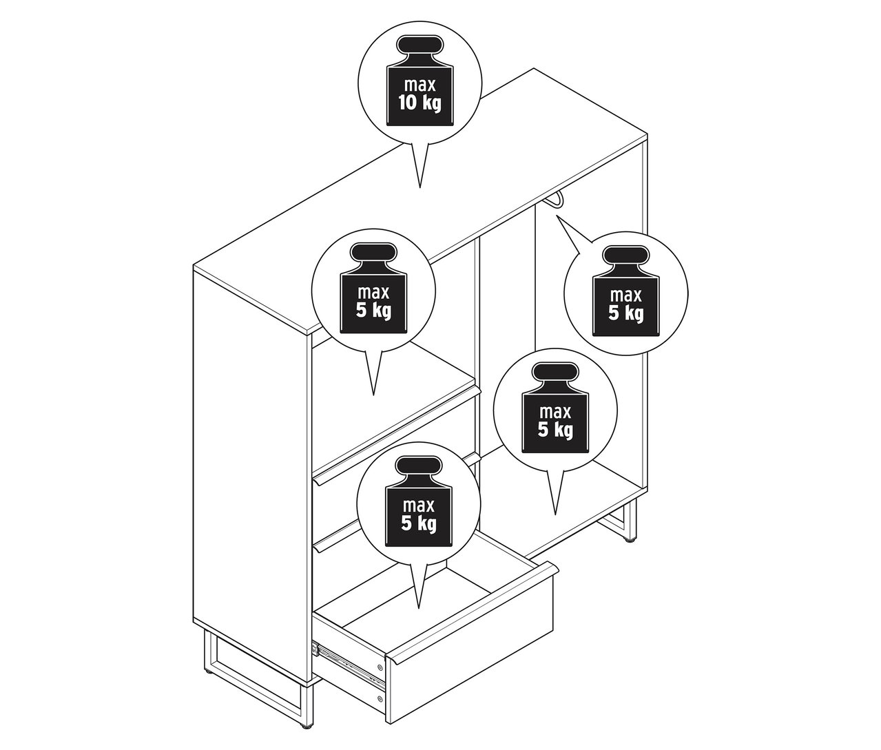 Schéma d'une commode «
LEEG
» avec 3 tiroirs et une tringle à vêtements, indiquant les informations de poids.