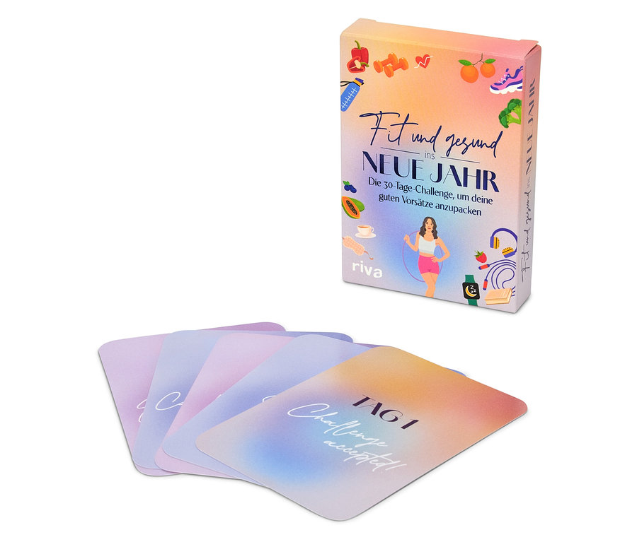 L'image montre une boîte et des cartes Riva 'Fit und gesund ins neue Jahr' défi de 30 jours.