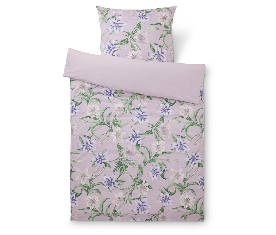Ensemble de literie à motif floral violet et vert, comprenant une taie d'oreiller et une housse de couette.