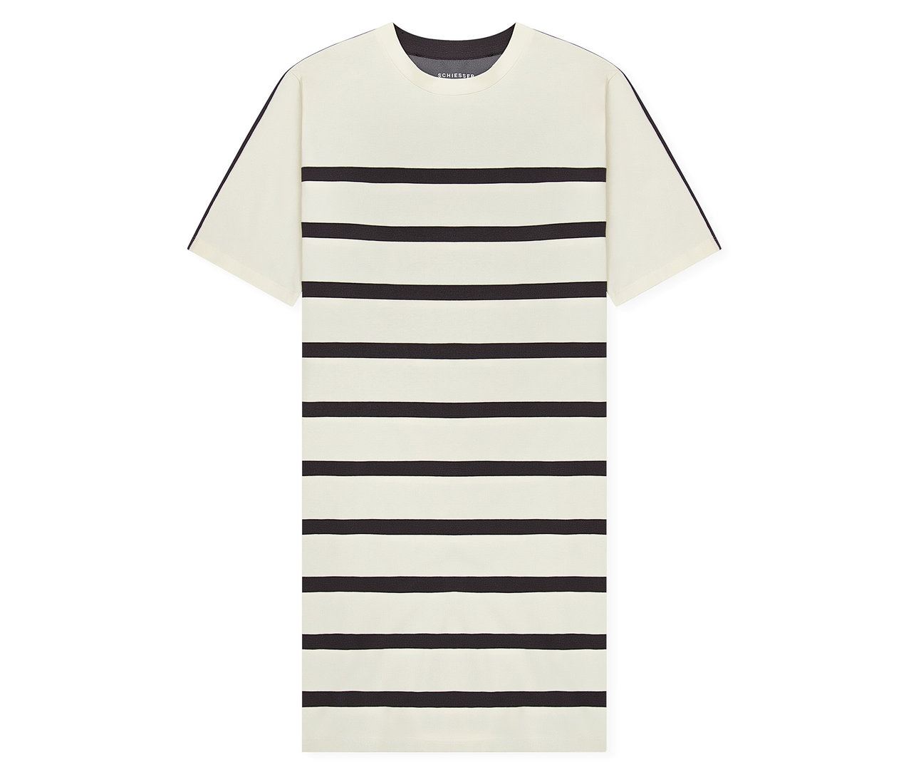 Chemise de nuit SCHIESSER crème à manches courtes, avec des rayures horizontales noires et un col rond foncé.