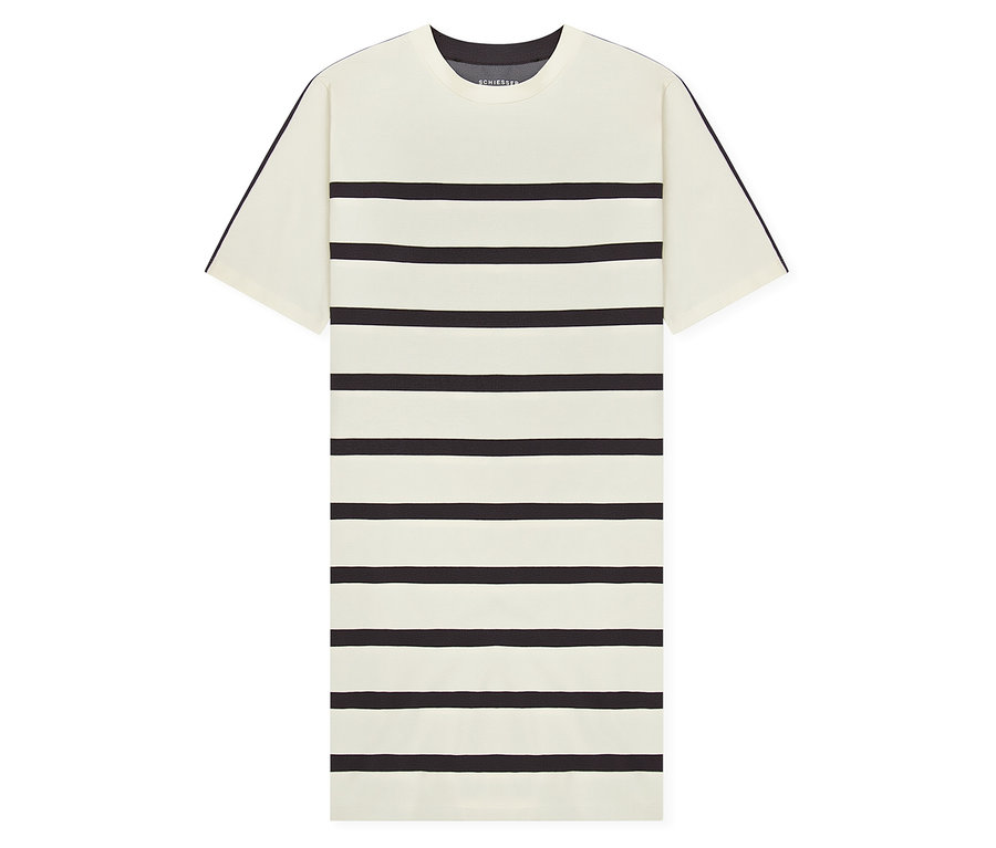 Chemise de nuit SCHIESSER crème à manches courtes, avec des rayures horizontales noires et un col rond foncé.