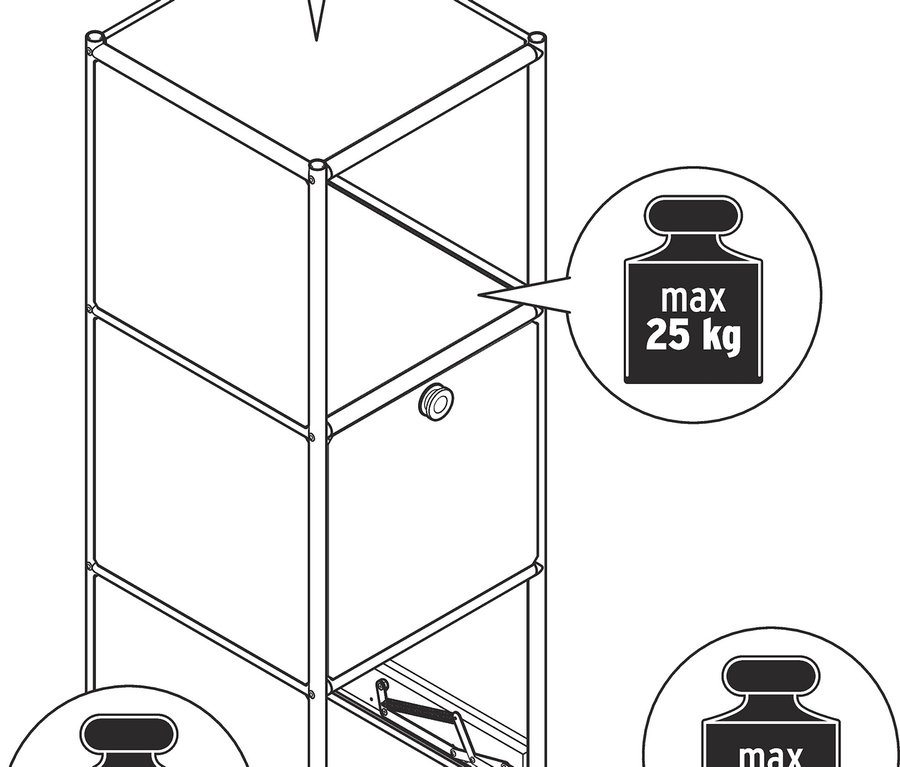 Vue de dessus d'une commode étroite en métal «	CN3	» avec 2 compartiments à abattants, dont l'un est ouvert.