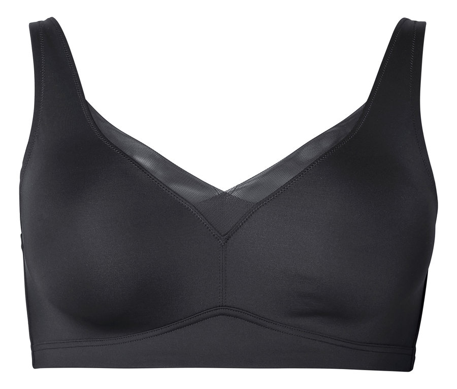 Soutien-gorge noir avec décolleté en V et larges bretelles.