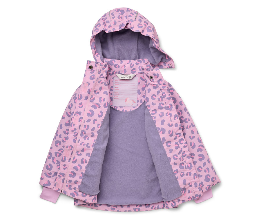 Veste ouverte rose clair à capuche pour enfant, avec motif léopard violet et doublure violette.