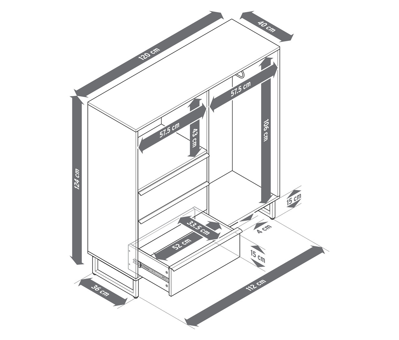 Illustration d'une commode «
bspLEEG
bsp» avec 3 tiroirs et une tringle à vêtements, avec des indications de dimensions.