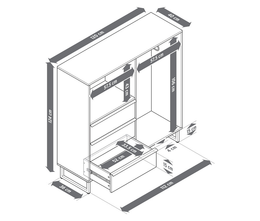 Illustration d'une commode «
bspLEEG
bsp» avec 3 tiroirs et une tringle à vêtements, avec des indications de dimensions.