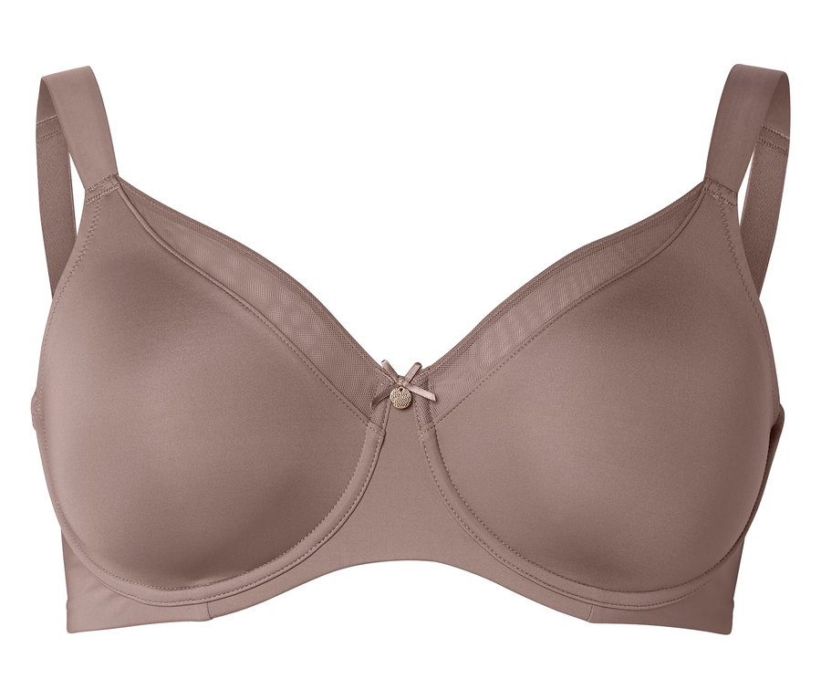 Soutien-gorge beige à armatures et bretelles, orné d'un petit nœud.