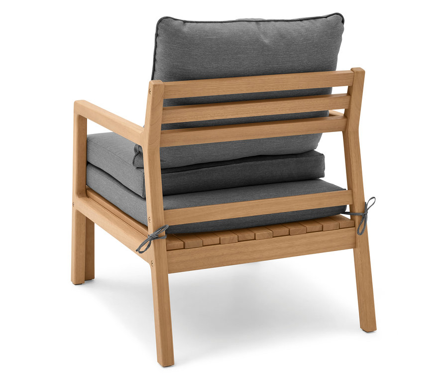 Vue arrière d'un fauteuil de jardin extensible avec des coussins gris.
