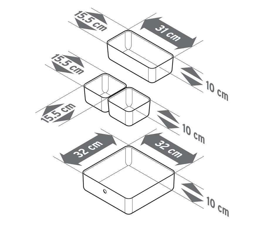 Illustration de quatre range-tiroirs avec leurs dimensions.