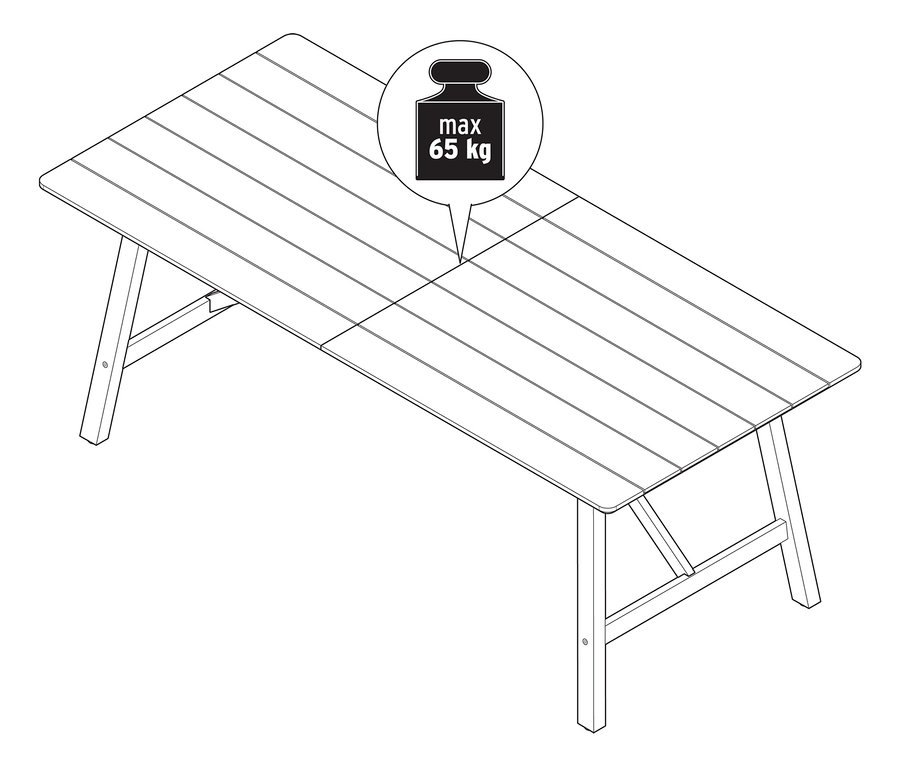 Illustration d'une table de jardin extensible avec structure rustique, environ 200-250 cm, avec une capacité de charge maximale de 65 kg.