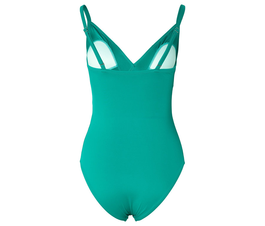 Vue arrière d'un maillot de bain turquoise avec des bretelles réglables.