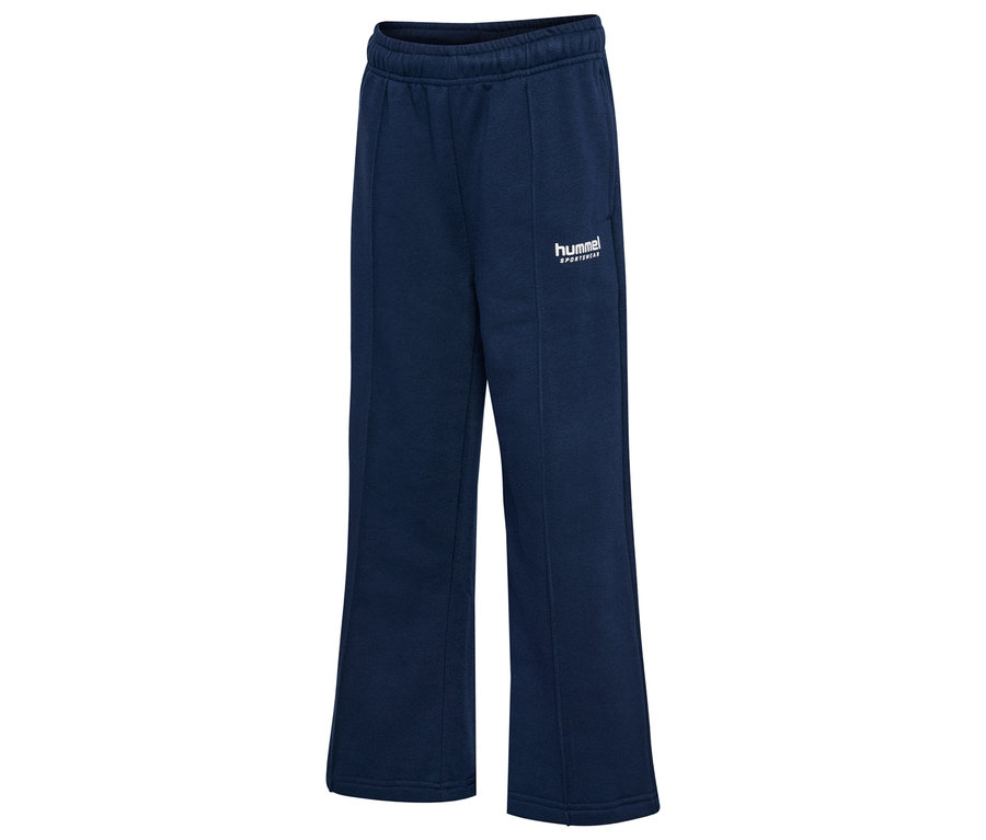 Un pantalon de survêtement ample hummel® HMLJR Loose WL Pintug bleu marine posé sur un fond blanc.