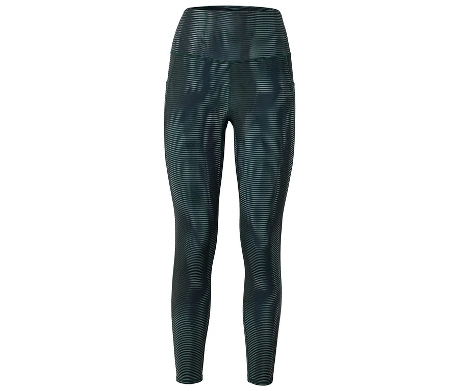 Legging vert foncé à rayures horizontales et taille haute, sur fond blanc.