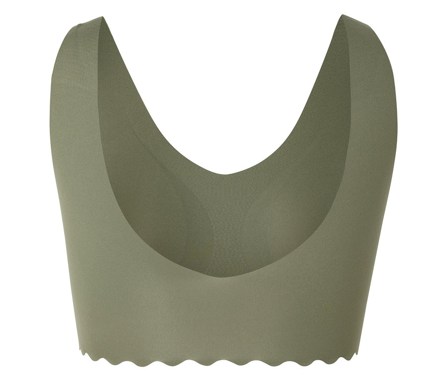 Un bustier vert olive sans bretelles avec un ourlet ondulé sur fond blanc.