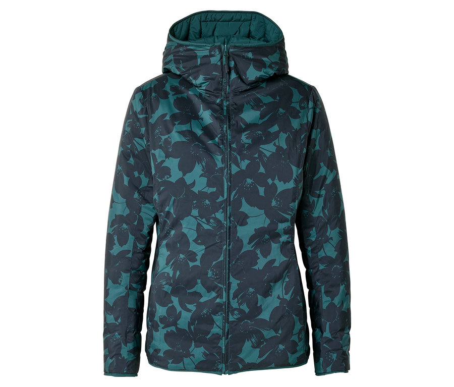 Veste bleu-vert à capuche avec imprimé floral.
